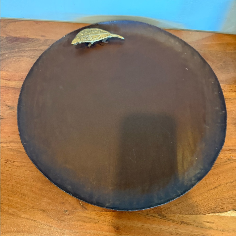 Silvery Metal etched copper like Decor Tray/Plater with Turtle/lizard Accent 14”